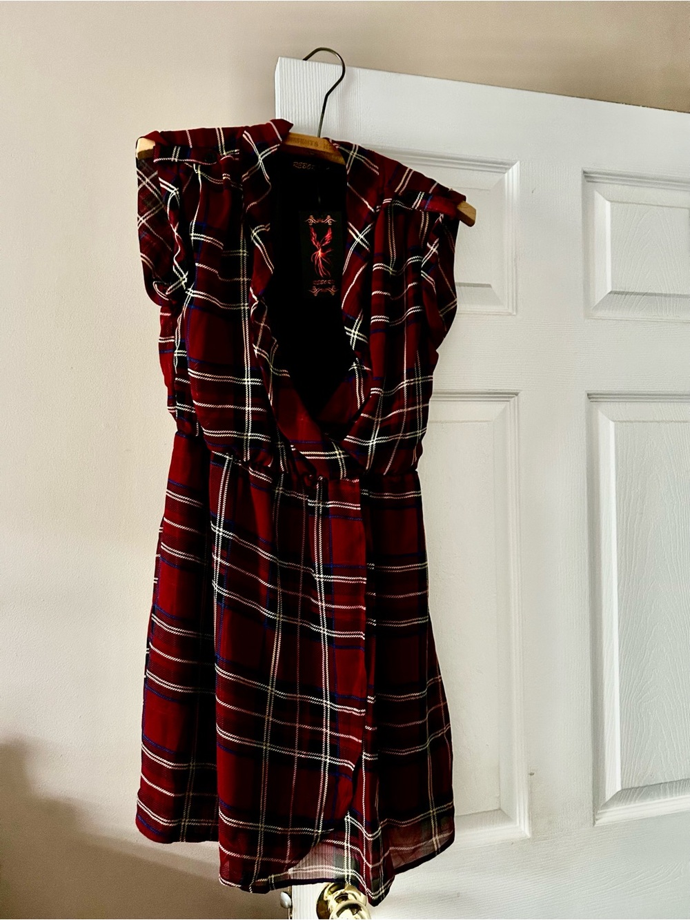 Burgundy Plaid Wrap Mini Dress - Picture 2 of 8